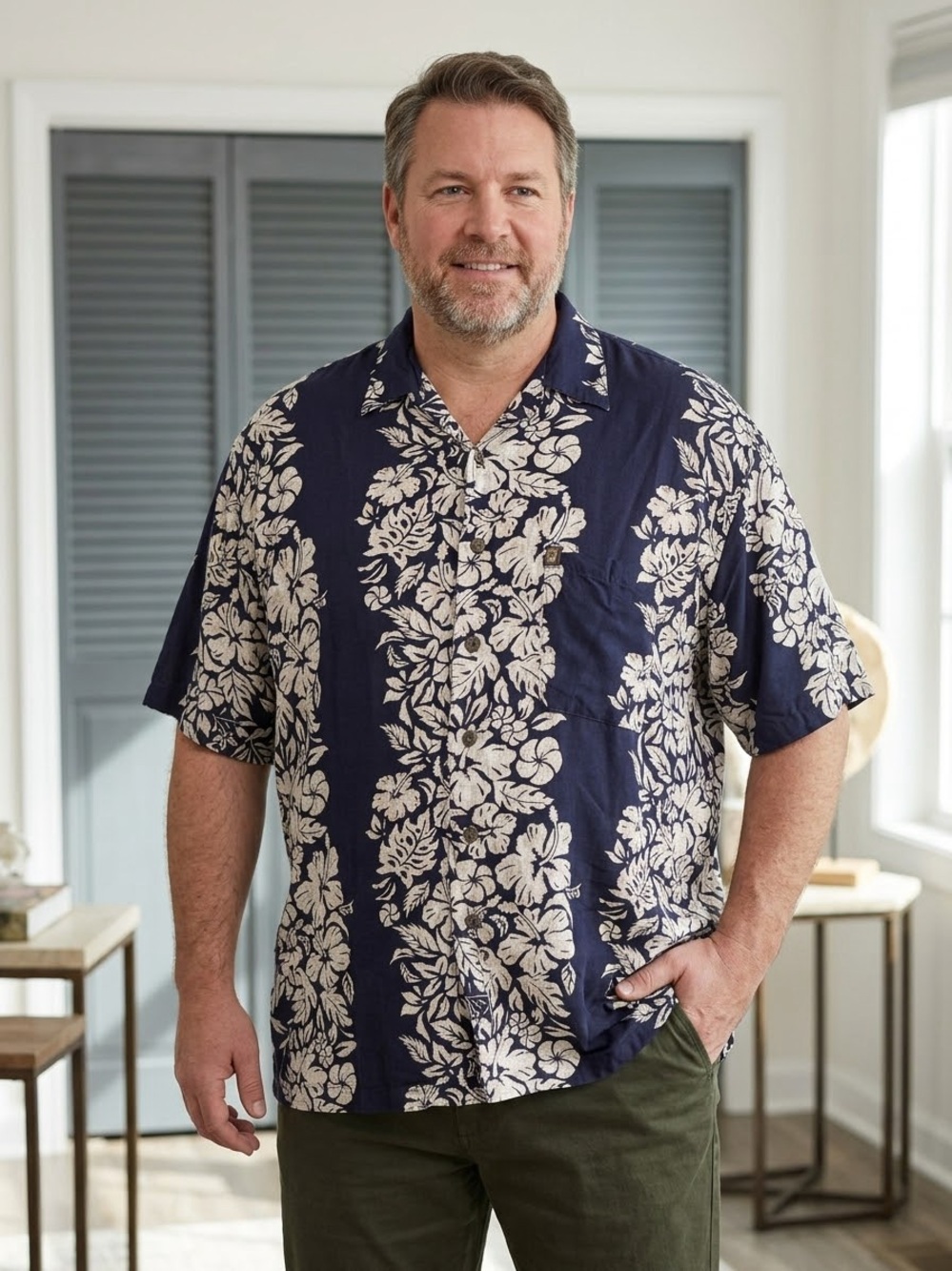 Men's Vintage 1XB Pineapple Connections Navy Blue Hibiscus Hawaiian Shirt Rayon